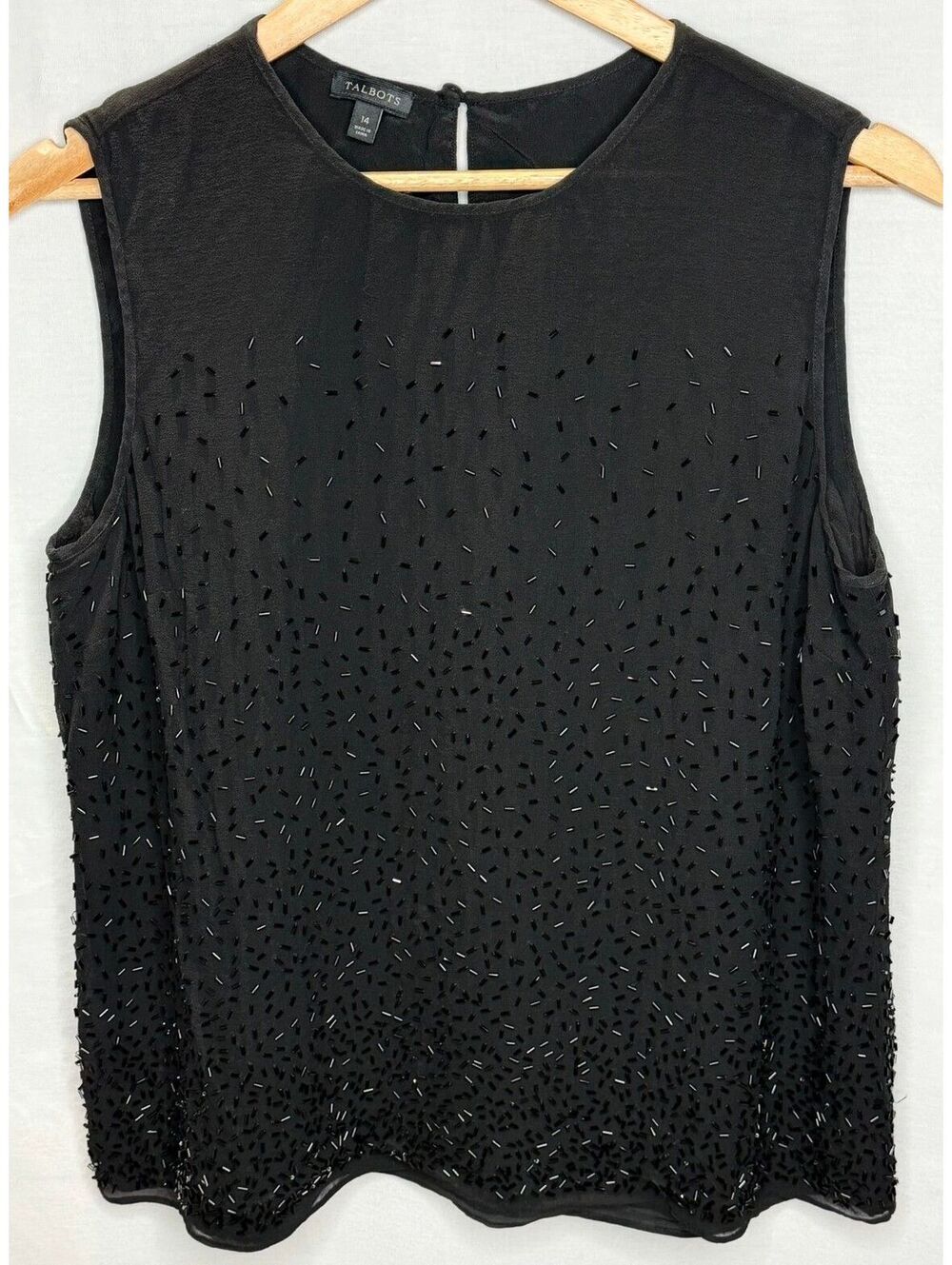 Talbots Size 14 Black 100% Silk Beaded Sleeveless Evening Top Fully Lined